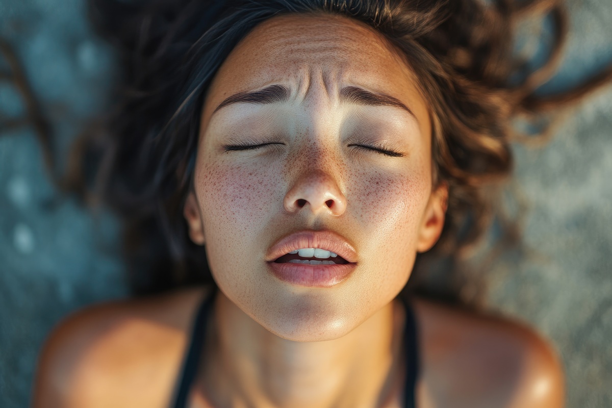 moaning young hispanic woman getting sexual pleasure, orgasm, top view portrait. erotic, sex, masturbation