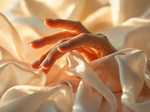 Main caressant tissu soyeux, lumière dorée