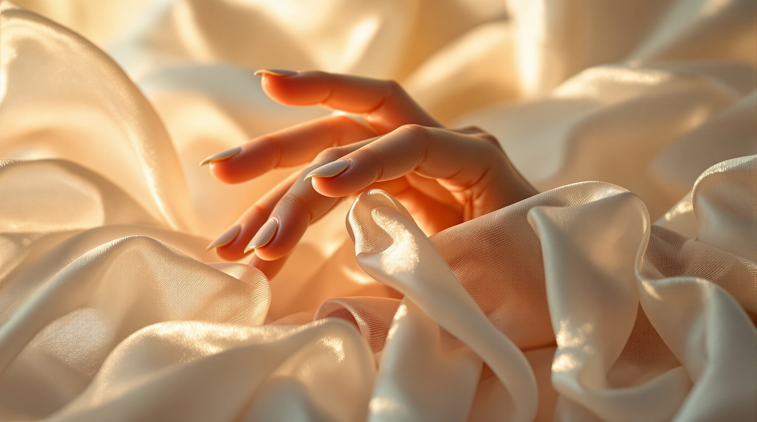 Main caressant tissu soyeux, lumière dorée