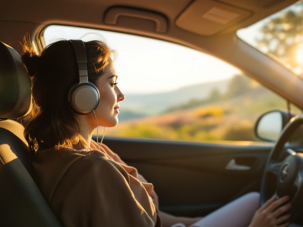 Femme écoutant dans la voiture.