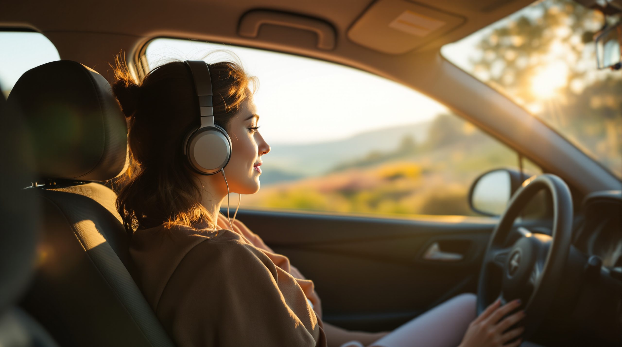 Femme écoutant dans la voiture.