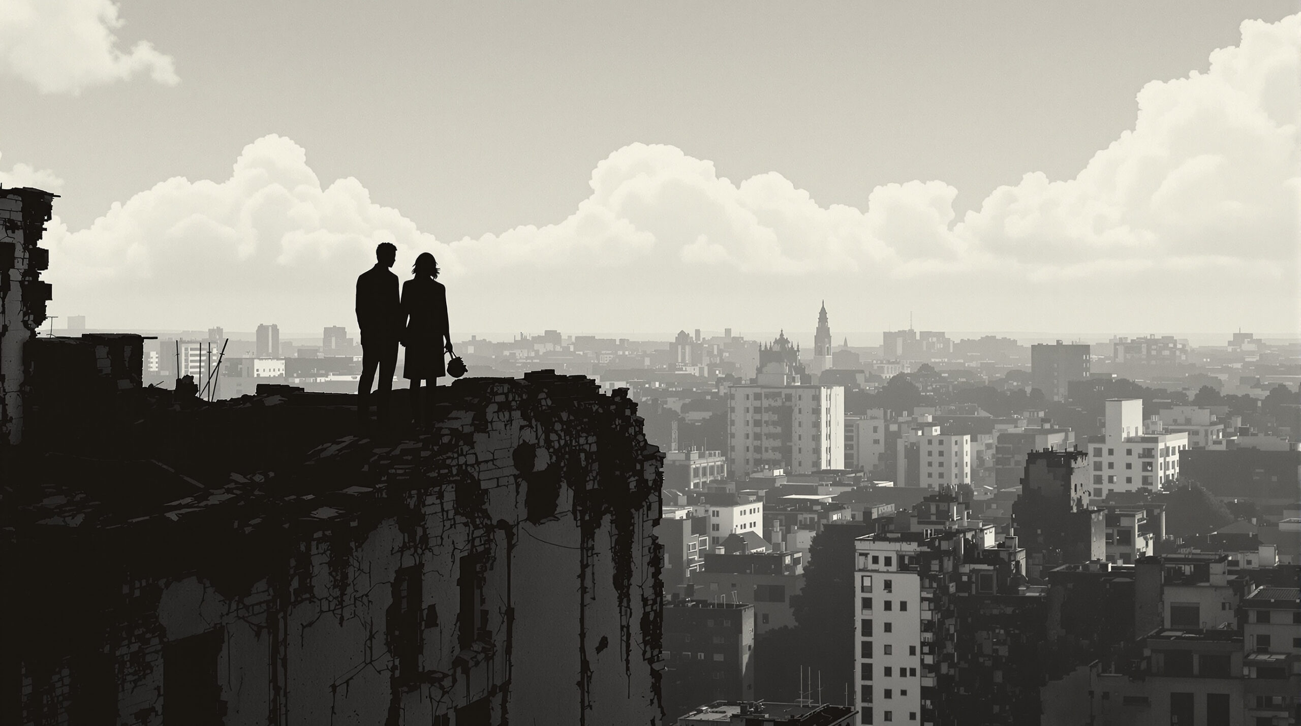 Vue depuis le toit urbain en ruines.